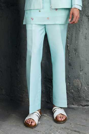 Sarab Khanijou_Sky Blue Chanderi Silk Serenade Jacket And Short Kurta Set _Online_at_Aza_Fashions