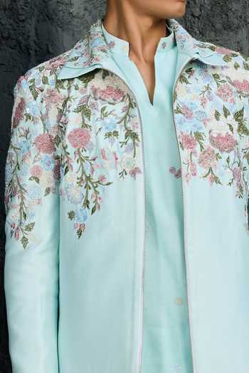 Buy_Sarab Khanijou_Sky Blue Chanderi Silk Serenade Jacket And Short Kurta Set _Online_at_Aza_Fashions