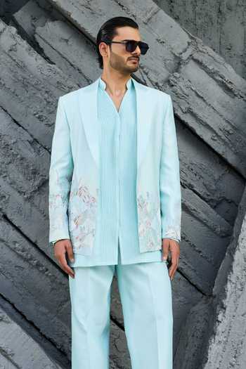 Shop_Sarab Khanijou_Sky Blue Chanderi Silk Serenade Jacket And Short Kurta Set _Online_at_Aza_Fashions
