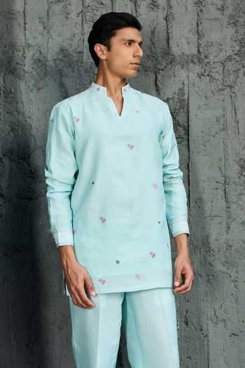 Sarab Khanijou_Sky Blue Chanderi Silk Serenade Jacket And Short Kurta Set _at_Aza_Fashions