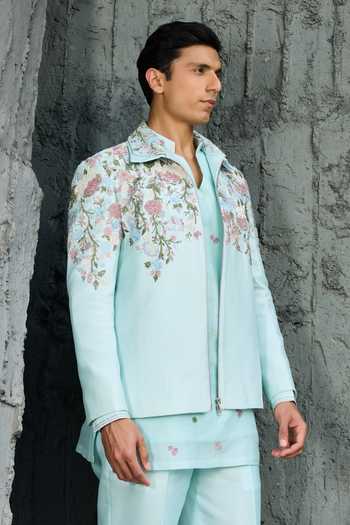 Buy_Sarab Khanijou_Sky Blue Chanderi Silk Serenade Jacket And Short Kurta Set 
