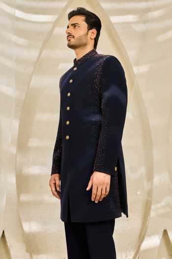 Sarab Khanijou_Blue Reverie Embroidered Sherwani Set _Online_at_Aza_Fashions