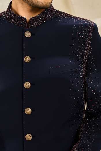 Sarab Khanijou_Blue Reverie Embroidered Sherwani Set _at_Aza_Fashions
