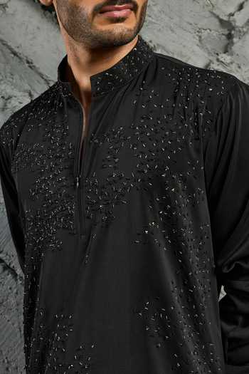 Shop_Sarab Khanijou_Black Noir Tonal Cutdana Embroidered Kurta Set _Online_at_Aza_Fashions
