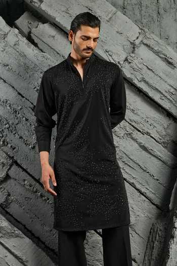 Sarab Khanijou_Black Noir Tonal Cutdana Embroidered Kurta Set _at_Aza_Fashions