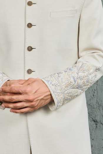 Buy_Sarab Khanijou_Grey Suiting Glacier Noor Embroidered Sherwani Set _Online_at_Aza_Fashions