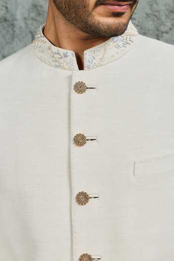Shop_Sarab Khanijou_Grey Suiting Glacier Noor Embroidered Sherwani Set _Online_at_Aza_Fashions