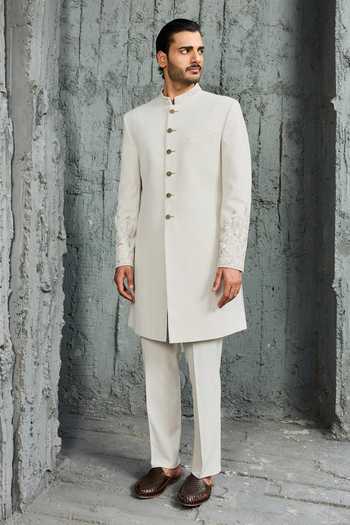 Sarab Khanijou_Grey Suiting Glacier Noor Embroidered Sherwani Set _at_Aza_Fashions