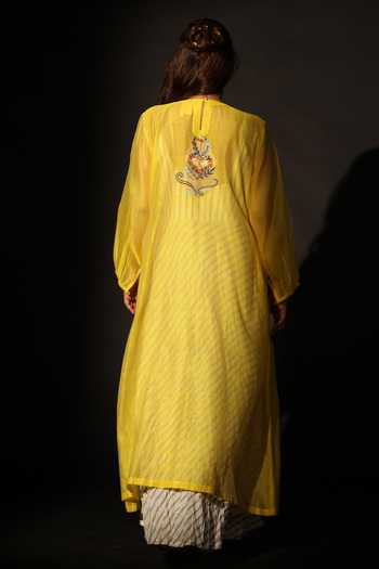 Shop_Prama By Pratima Pandey_Yellow Silk, Chanderi Round Neck, Yes Embroidered Long Kurta _at_Aza_Fashions