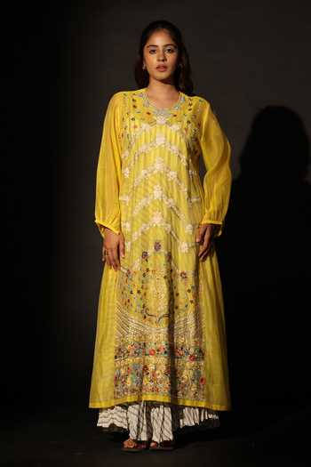 Buy_Prama By Pratima Pandey_Yellow Silk, Chanderi Round Neck, Yes Embroidered Long Kurta _at_Aza_Fashions