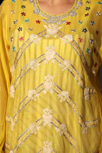 Prama By Pratima Pandey_Yellow Silk, Chanderi Round Neck, Yes Embroidered Long Kurta _Online_at_Aza_Fashions