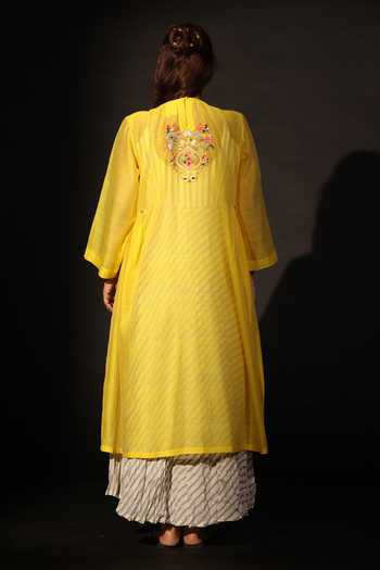 Shop_Prama By Pratima Pandey_Yellow Silk, Chanderi Round Neck Embroidered Tunic _at_Aza_Fashions