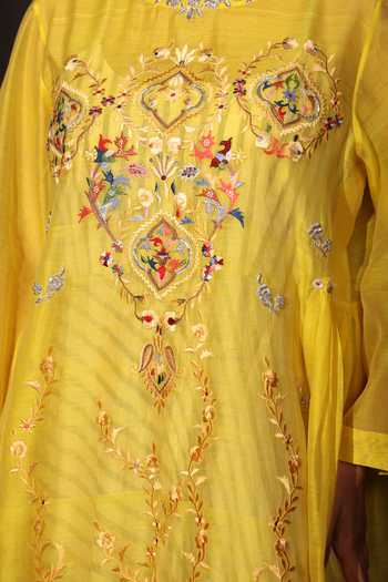 Prama By Pratima Pandey_Yellow Silk, Chanderi Round Neck Embroidered Tunic _Online_at_Aza_Fashions