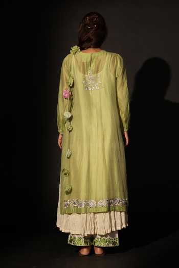 Shop_Prama By Pratima Pandey_Green Silk, Chanderi Round Neck, Yes Embroidered Kurta Set _at_Aza_Fashions