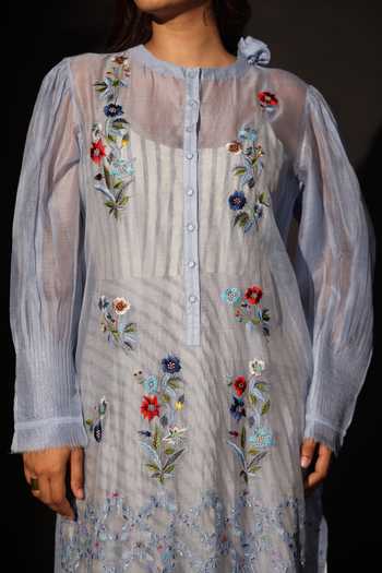 Prama By Pratima Pandey_Sky Blue Silk, Chanderi Round Neck Floral Embroidered Tunic _Online_at_Aza_Fashions