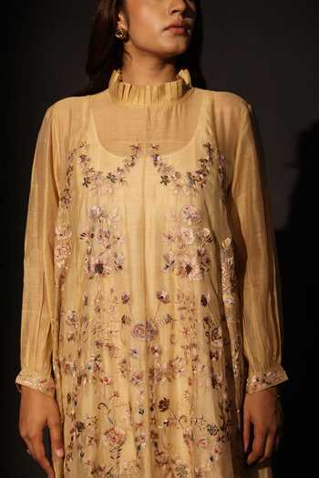 Buy_Prama By Pratima Pandey_Beige Silk, Chanderi Round Neck, Yes Embroidered Kurta Set _Online_at_Aza_Fashions