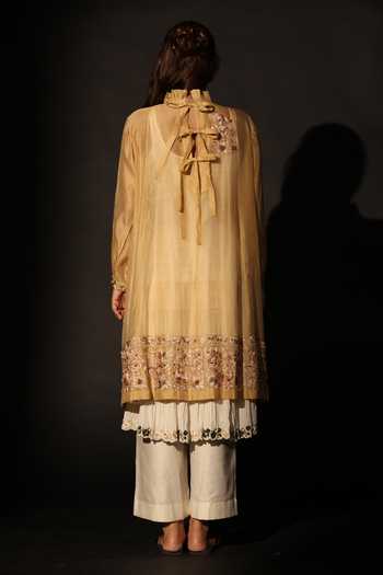 Shop_Prama By Pratima Pandey_Beige Silk, Chanderi Round Neck, Yes Embroidered Kurta Set _at_Aza_Fashions
