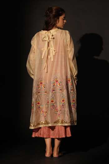 Shop_Prama By Pratima Pandey_Beige Silk, Chanderi High Neck Floral Scallop Embroidered Dress _at_Aza_Fashions