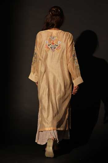 Shop_Prama By Pratima Pandey_Peach Cotton, Silk, Chanderi Round Neck Embroidered Kurta _at_Aza_Fashions