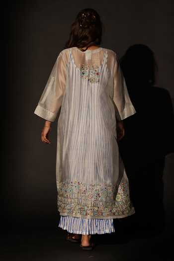 Shop_Prama By Pratima Pandey_Grey Silk, Chanderi Round Neck Floral Embroidered Tunic _at_Aza_Fashions