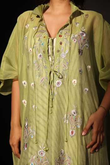 Buy_Prama By Pratima Pandey_Grey Silk, Chanderi Split V-neck Embroidered Scallop Tunic _Online_at_Aza_Fashions
