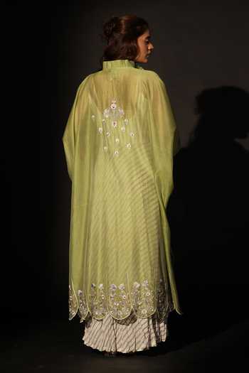 Shop_Prama By Pratima Pandey_Grey Silk, Chanderi Split V-neck Embroidered Scallop Tunic _at_Aza_Fashions
