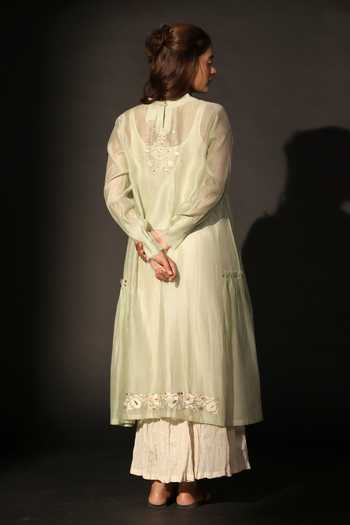 Shop_Prama By Pratima Pandey_Green Silk, Chanderi Round Neck Dabka Embroidered Tunic  _at_Aza_Fashions