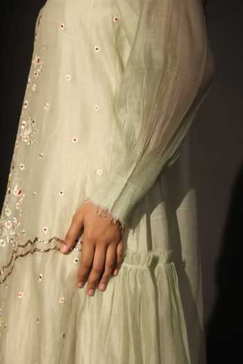 Prama By Pratima Pandey_Green Silk, Chanderi Round Neck Dabka Embroidered Tunic  _Online_at_Aza_Fashions