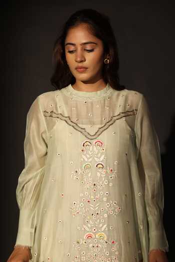 Buy_Prama By Pratima Pandey_Green Silk, Chanderi Round Neck Dabka Embroidered Tunic  _Online_at_Aza_Fashions