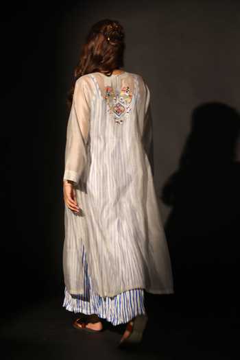 Shop_Prama By Pratima Pandey_Grey Silk, Chanderi Round Neck, Yes Floral Embroidered Tunic  _at_Aza_Fashions