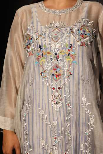 Prama By Pratima Pandey_Grey Silk, Chanderi Round Neck, Yes Floral Embroidered Tunic  _Online_at_Aza_Fashions