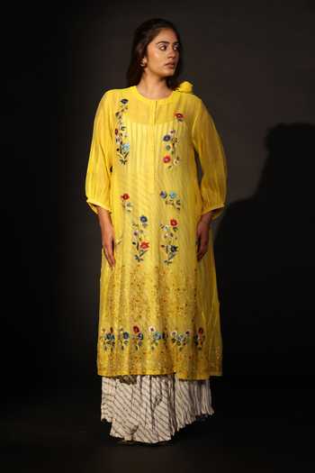 Buy_Prama By Pratima Pandey_Yellow Silk, Chanderi Round Neck Floral Embroidered Tunic _at_Aza_Fashions