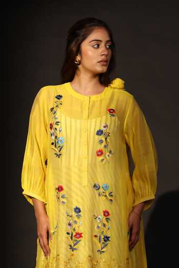 Shop_Prama By Pratima Pandey_Yellow Silk, Chanderi Round Neck Floral Embroidered Tunic _at_Aza_Fashions