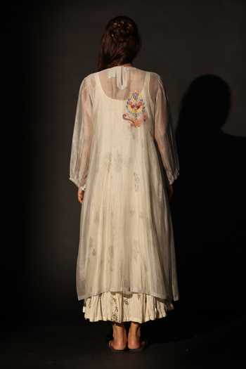 Shop_Prama By Pratima Pandey_Grey Silk, Chanderi Round Neck Embroidered Kurta _at_Aza_Fashions