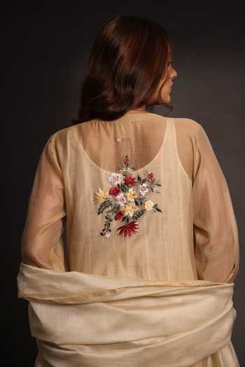 Shop_Prama By Pratima Pandey_Beige Silk, Chanderi Round Neck, Yes Floral Embroidered Kurta And Pant Set _at_Aza_Fashions