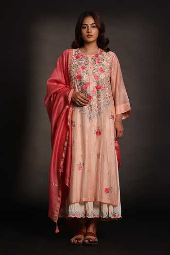 Buy_Prama By Pratima Pandey_Pink Silk, Chanderi Round Neck Dabka Embroidered Kurta Set _at_Aza_Fashions