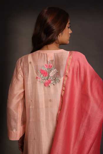 Shop_Prama By Pratima Pandey_Pink Silk, Chanderi Round Neck Dabka Embroidered Kurta Set _at_Aza_Fashions