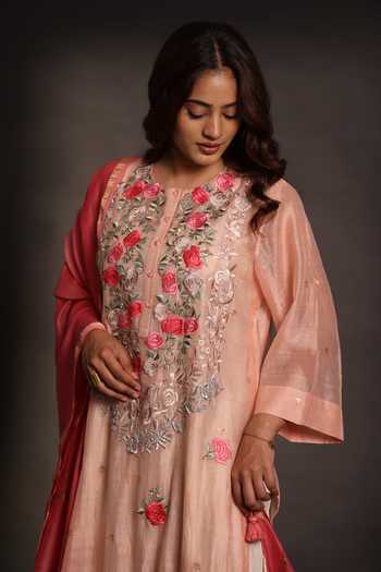 Buy_Prama By Pratima Pandey_Pink Silk, Chanderi Round Neck Dabka Embroidered Kurta Set _Online_at_Aza_Fashions