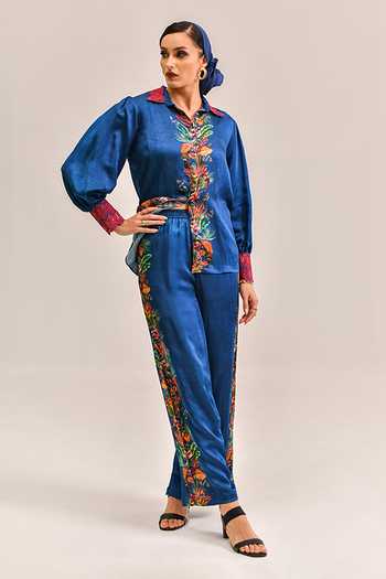 Buy_Bhanuni By Jyoti_Navy Viscose Collared Neck Mirage Blue Printed Shirt _Online_at_Aza_Fashions