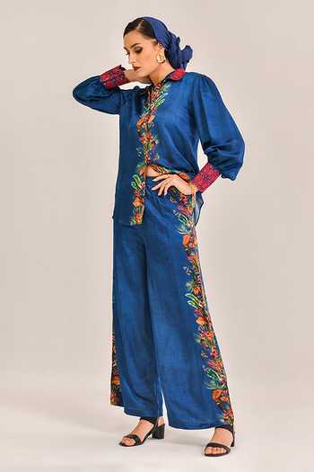 Shop_Bhanuni By Jyoti_Navy Viscose Mirage Print Pant _Online_at_Aza_Fashions
