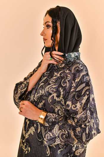 Bhanuni By Jyoti_Black Viscose Collared Neck Midnight Print Shirt Dress _at_Aza_Fashions