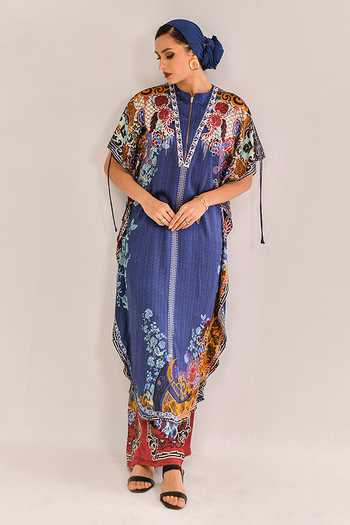 Bhanuni By Jyoti_Navy Viscose Embroidery, Sequins Split Halo Blue Printed Kaftan And Palazzo Set _Online_at_Aza_Fashions