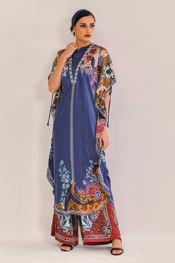 Buy_Bhanuni By Jyoti_Navy Viscose Embroidery, Sequins Split Halo Blue Printed Kaftan And Palazzo Set _Online_at_Aza_Fashions