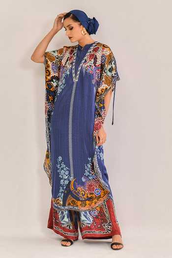 Shop_Bhanuni By Jyoti_Navy Viscose Embroidery, Sequins Split Halo Blue Printed Kaftan And Palazzo Set _Online_at_Aza_Fashions