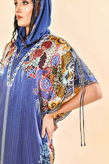Bhanuni By Jyoti_Navy Viscose Embroidery, Sequins Split Halo Blue Printed Kaftan And Palazzo Set _at_Aza_Fashions