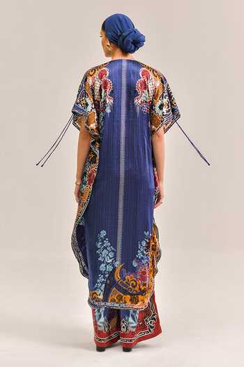 Shop_Bhanuni By Jyoti_Navy Viscose Embroidery, Sequins Split Halo Blue Printed Kaftan And Palazzo Set _at_Aza_Fashions