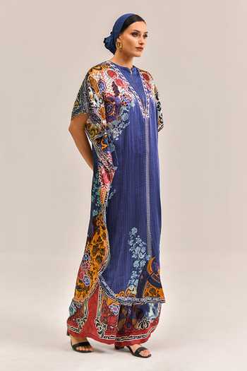 Shop_Bhanuni By Jyoti_Navy Viscose Embroidery, Sequins Split Halo Blue Printed Kaftan And Palazzo Set 