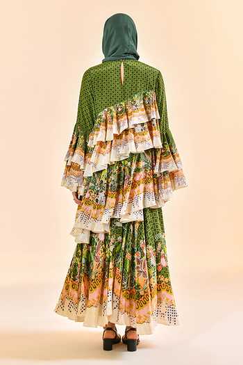Shop_Bhanuni By Jyoti_Green Viscose Round Neck Moss Shadow Print Maxi Dress _at_Aza_Fashions