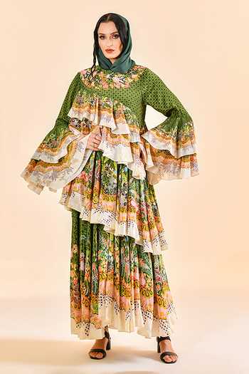 Bhanuni By Jyoti_Green Viscose Round Neck Moss Shadow Print Maxi Dress _Online_at_Aza_Fashions