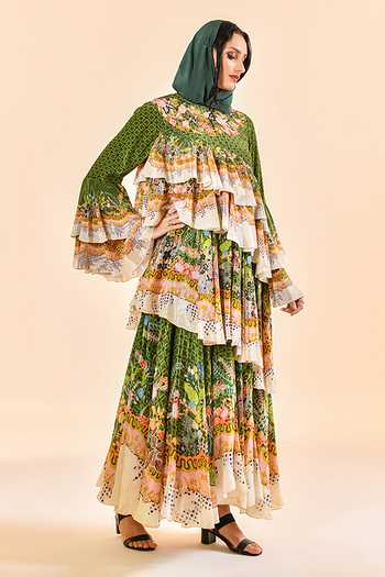 Buy_Bhanuni By Jyoti_Green Viscose Round Neck Moss Shadow Print Maxi Dress _Online_at_Aza_Fashions